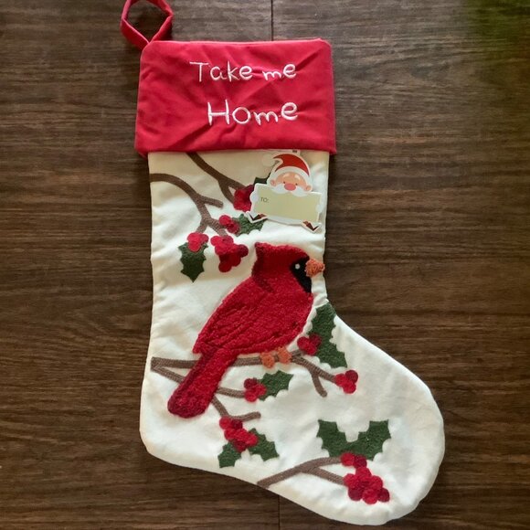 Valery Madelyn Take Me Home Cardinal Mistletoe Crewel Christmas Stocking 21" - Picture 7 of 7